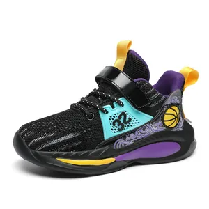 Breathable mesh boys' basketball shoes with purple and yellow accents sports design