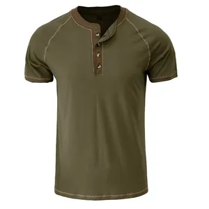 Classic men's olive green short sleeve Henley t-shirt with brown contrast neck trim