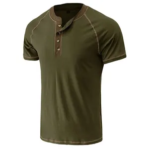 Men's olive green short sleeve Henley T-shirt with contrast stitching details and buttons