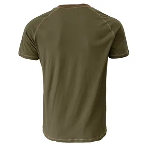 Men's olive green short sleeve T-shirt with raglan sleeves and contrast stitching back view