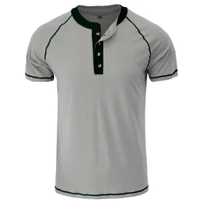 Casual men's short sleeve Henley t-shirt in light gray with dark green contrast trim