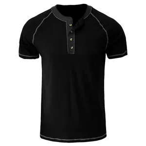 Mens black short sleeve Henley T-shirt with contrast stitching and four-button placket