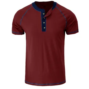 Men's short-sleeve burgundy Henley shirt with navy blue contrast trim and stitching