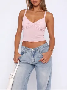 Women Sexy Twist Front Cami Top Summer Short Slim Fit Ribbed Knit Crop Top Solid Color Streetwear Sleeveless Top For Ladies