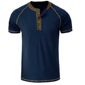 Navy blue men's short sleeve Henley shirt with brown contrast trim and functional buttons