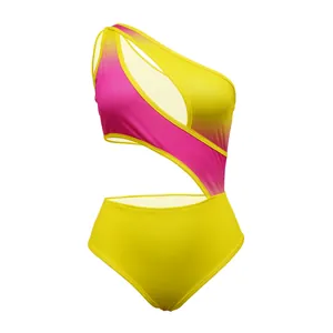 Vibrant pink and yellow gradient one-shoulder cutout bodysuit on white background
