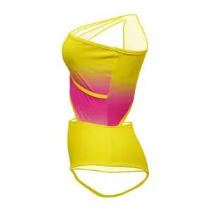 Side view detail of a sexy one-shoulder gradient yellow and pink bodysuit with cut-outs