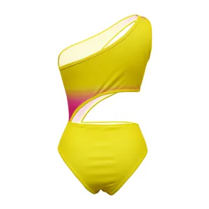 Detailed view of a sexy yellow one-shoulder bodysuit featuring a pink gradient cutout design
