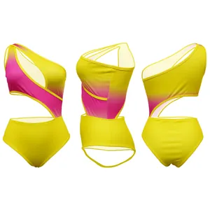 Detailed front side and back view of a yellow and pink gradient one-shoulder bodysuit