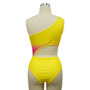 Back view of a vibrant yellow one-shoulder bodysuit featuring a pink gradient cutout design