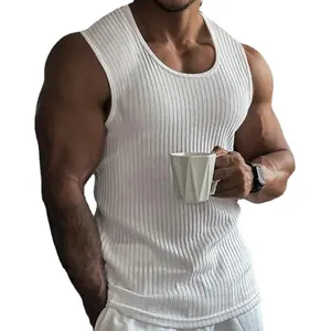 Débardeur en tricot côtelé blanc pour homme, coupe ajustée pour le fitness et le sport