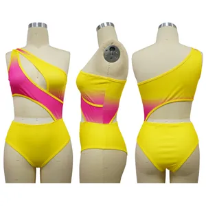 Detail view of asymmetrical one-shoulder cut-out bodysuit with yellow and pink gradient