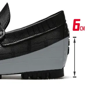 Detail shot showing the 6cm internal height increasing heel of black leather loafer