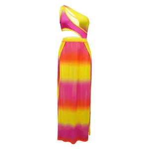 Vibrant pink and yellow gradient two-piece set featuring high slit skirt and bodysuit
