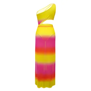 Sexy one-shoulder gradient bodysuit with matching sheer high-slit maxi skirt set for beach