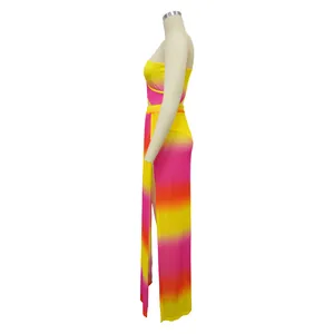Detailed side profile of vibrant yellow and pink gradient two-piece set with high slit