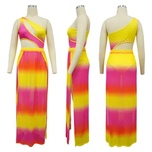 Detailed three-view display of sexy one-shoulder bodysuit and high-slit maxi skirt set
