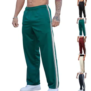 Men's loose straight-leg sports pants with side stripes shown in multiple colors