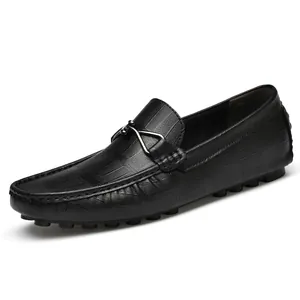 Elegant black croc-embossed leather loafers with 6cm hidden heel for men