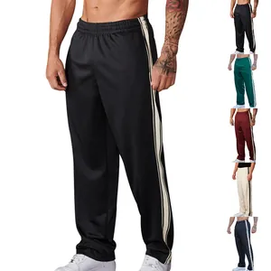 Men's loose straight-leg track pants with stylish side stripes shown in various colors