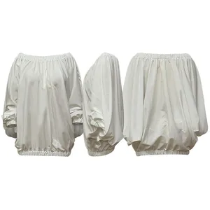 Front side and back views of a white oversized batwing sleeve off-shoulder blouse for women