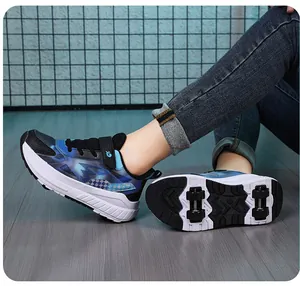 Detail of kids 4-wheel roller shoes with removable wheels and breathable mesh upper