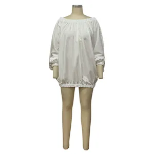 Front view of white off-the-shoulder batwing sleeve dress displayed on a mannequin