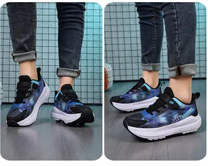 Close-up view of children's blue roller sneakers with breathable mesh and thick soles