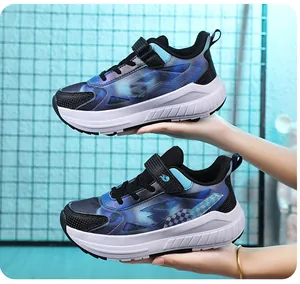 Side view of blue kids' roller shoes featuring breathable mesh and a velcro strap.