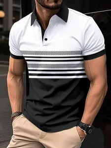 Detail shot of men's casual polo shirt featuring a black and white striped print design