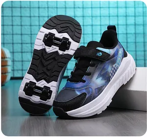 Detailed view of children's 4-wheel roller shoes with breathable blue mesh upper