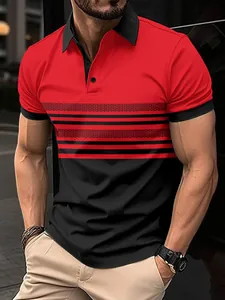 Close-up detail of a men's daily casual polo shirt featuring bold red and black stripes