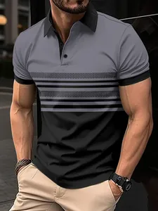 Professional men's grey and black color-block polo shirt featuring unique striped prints