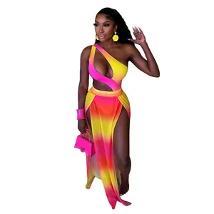 Sexy two-piece ombré set featuring one-shoulder cutout bodysuit and high slit skirt