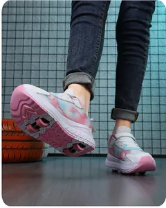 Detailed view of kids four-wheel roller shoes sole showing retractable pink wheels