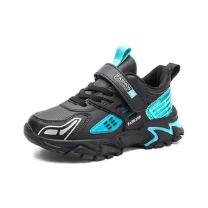 Chaussures de course légères pour garçons avec tige en cuir et semelle souple noir et cyan