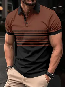 Close-up of men's stylish brown and black striped polo shirt featuring a classic lapel collar