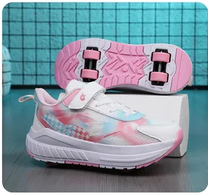 Detail view of kids' 4-wheel mesh roller shoes with vibrant tie-dye pattern decoration