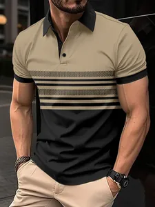 Detailed view of men's short sleeve polo shirt featuring khaki color block and black stripes