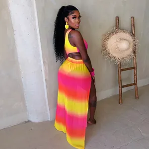 Sexy two-piece set featuring one-shoulder bodysuit and gradient high slit maxi skirt