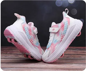 Breathable children's quad roller shoes in white with pink and blue tie-dye pattern