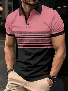 Detail view of 2024 men's summer polo shirt featuring pink black color block and stripes