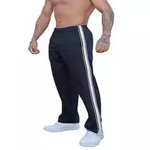 Men's loose straight-leg track pants with white side stripes and elastic waist