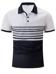 Men's casual sports polo shirt featuring a stylish black and white striped print design