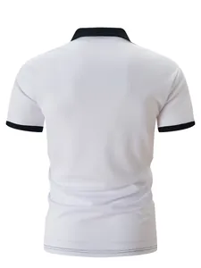 Back view of a white men's short sleeve polo shirt with black collar and cuffs