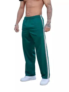 Men's loose wide-leg track pants with side stripes in dark green sport style