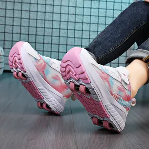 Kids four-wheel roller shoes featuring breathable mesh upper and pink marble pattern design