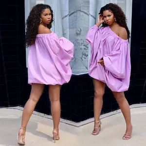 Lavender off-the-shoulder mini dress with oversized batwing sleeves shown in detail