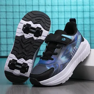 Blue and black children's 4-wheel roller shoes with breathable mesh and detachable wheels