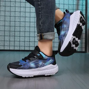 Children's 4-wheel roller skate shoes with breathable mesh and stylish blue patterns